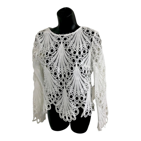 White crochet mesh eyelet laser cut style open back bell sleeve top size M new - Picture 6 of 17